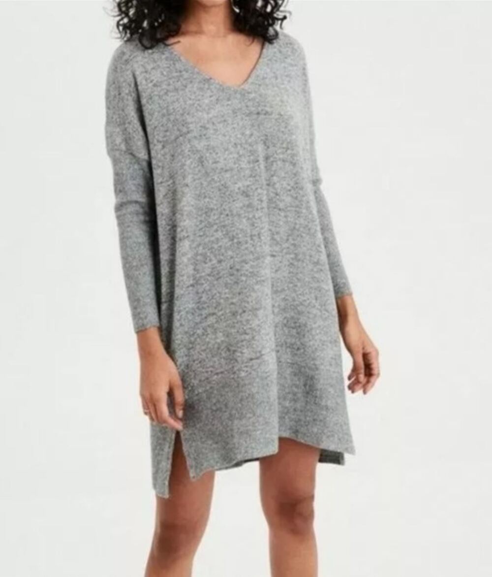 American Eagle Sweater Dress XS Gray V Neck Tunic‎ Lightweight Soft Minimalist